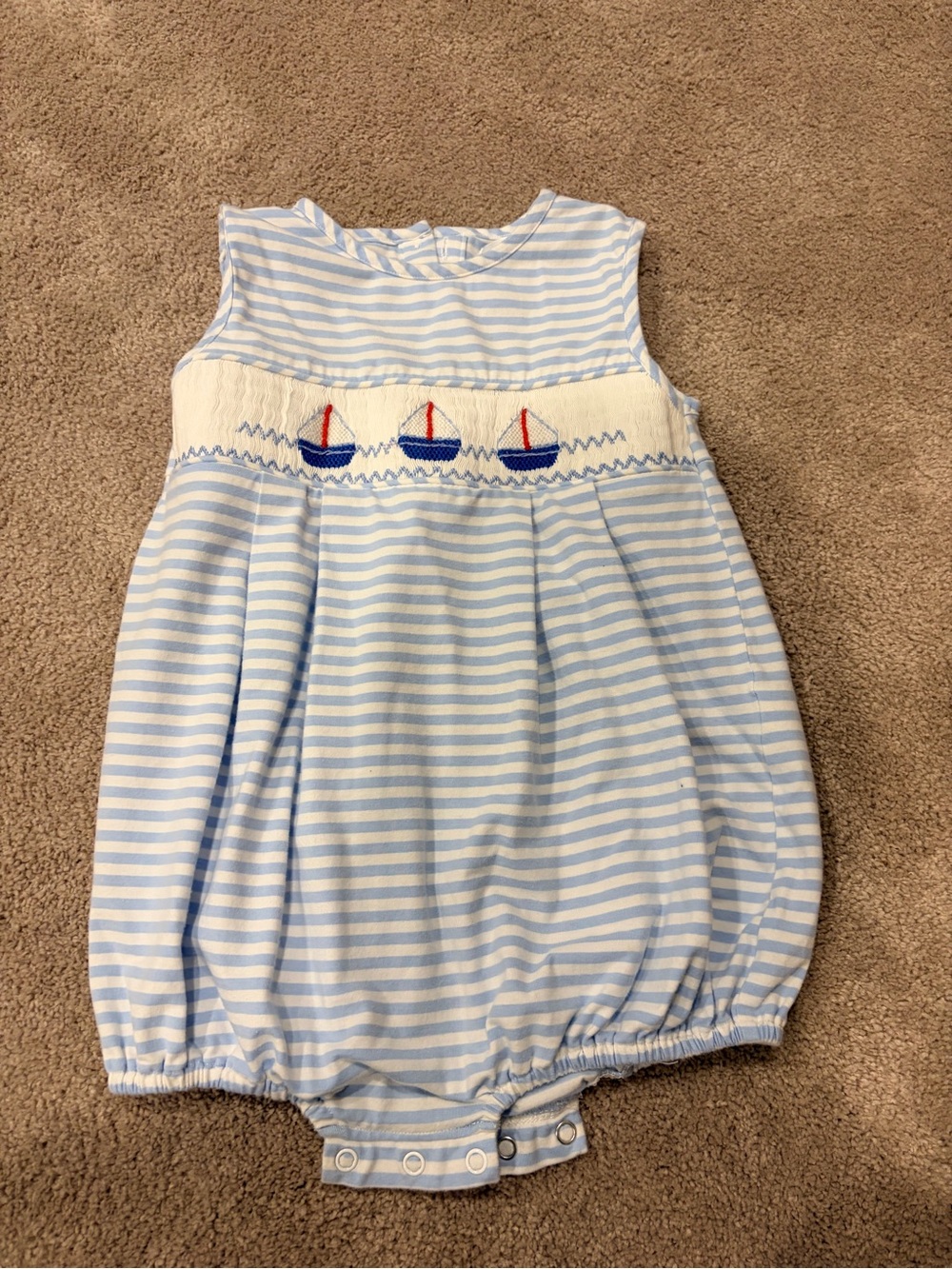 Light Blue Striped Smocked Sailboat Romper